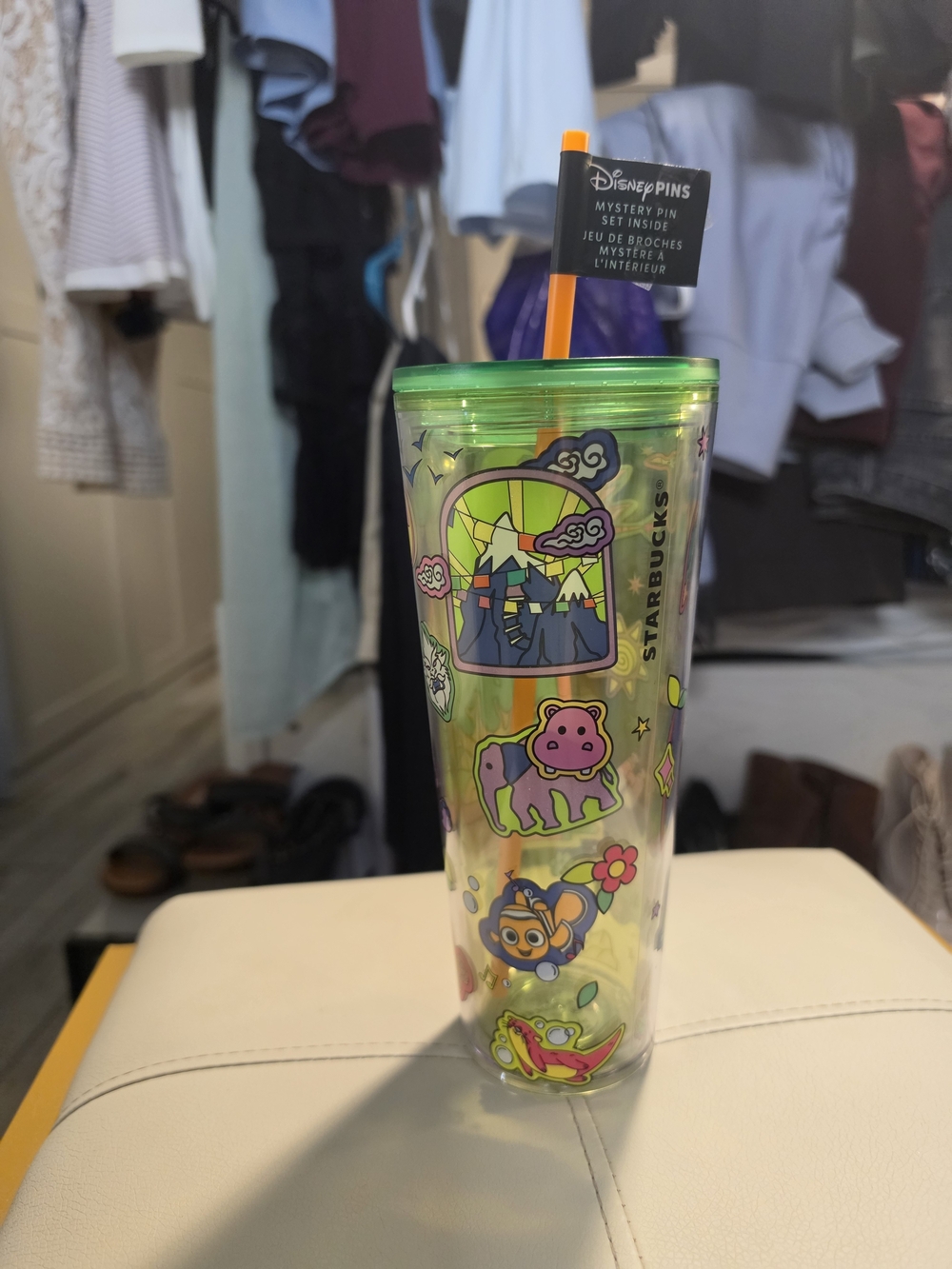 Starbucks Kids Green Tumbler with Orange Straw and Colorful Character Stickers